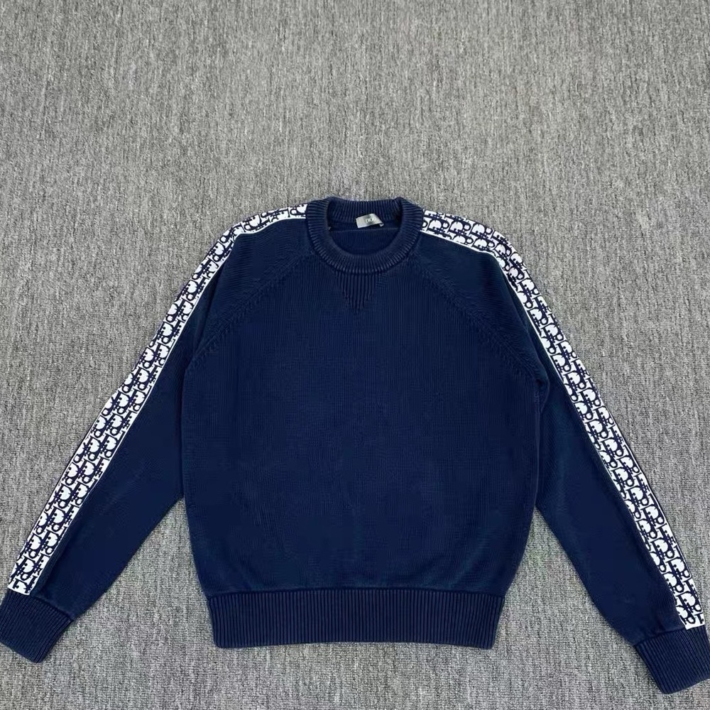 Authentic Dior Men's Dark Blue Sweater with Patterned Sleeves